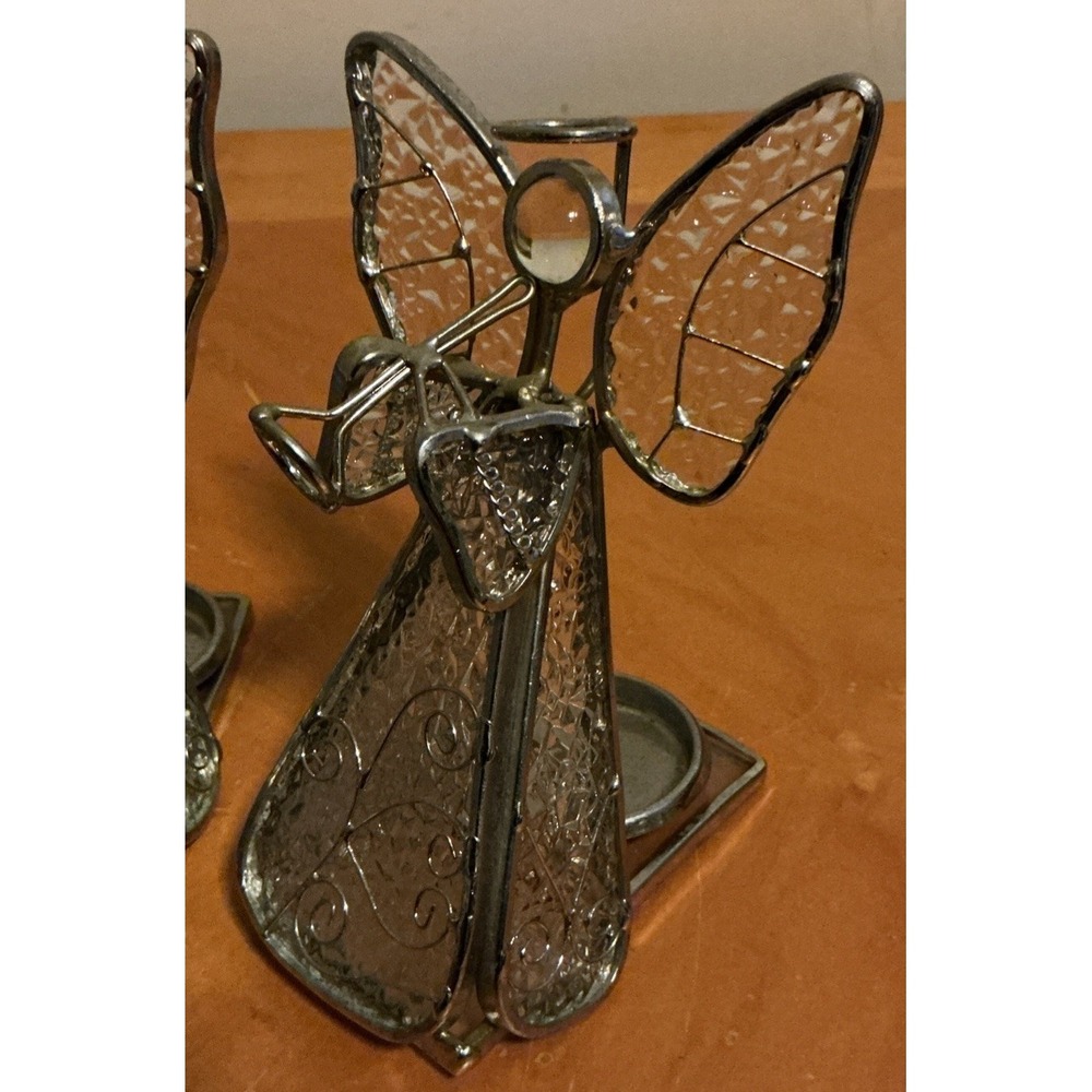 Set Of 3 Textured‎ Glass Angel Figurine Tealight Holder Holding Instruments - Picture 4 of 14